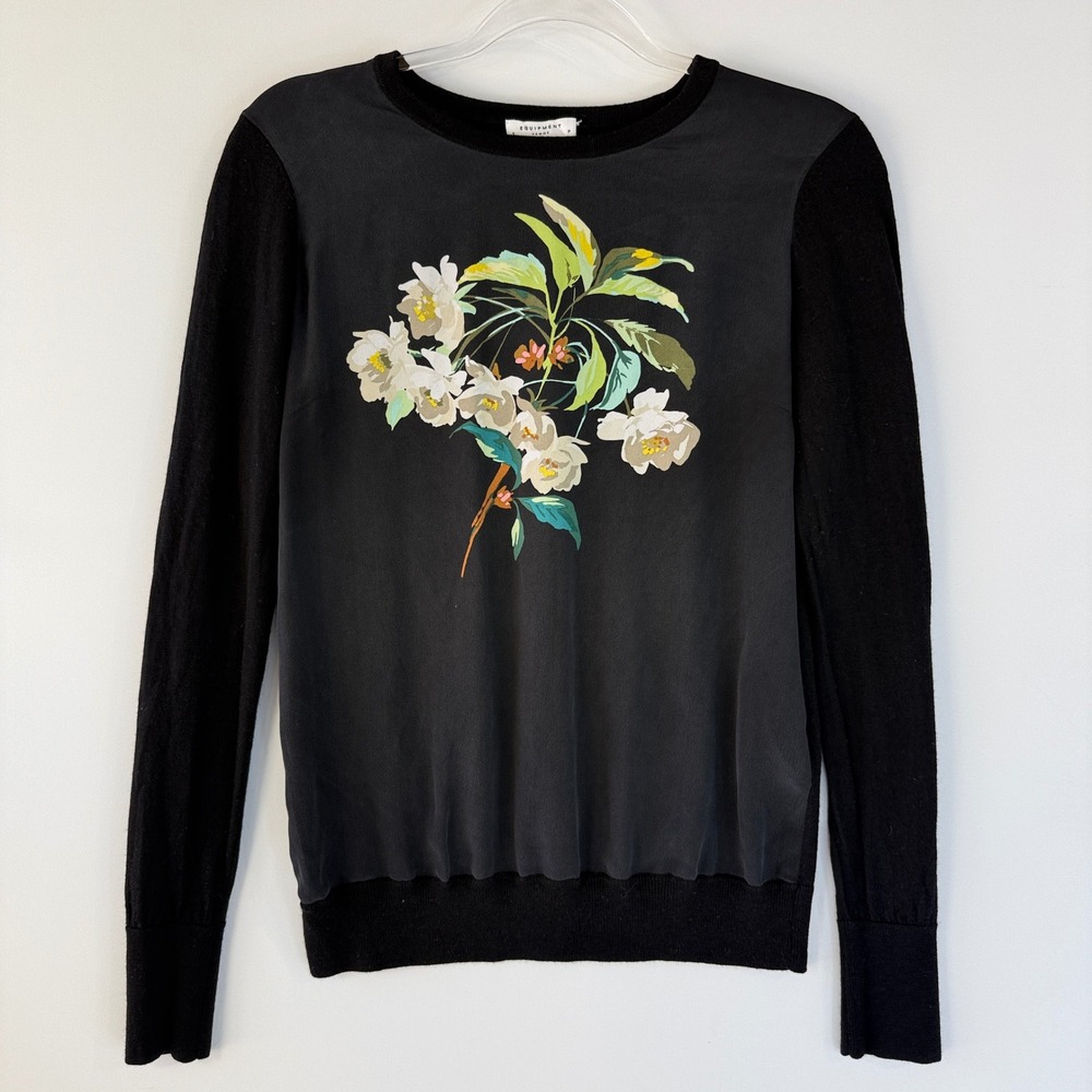 Equipment Femme Sweater Women Small Black Silk Wool Floral Mixed Media 2022